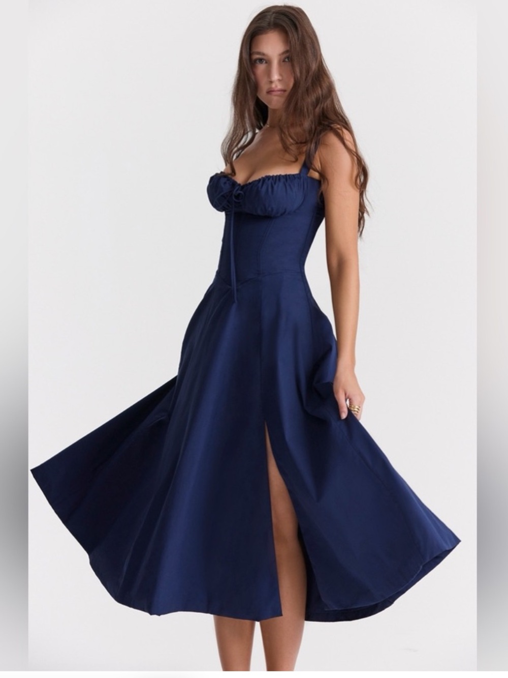 House of CB Carmen Navy Blue Corset Lace Up Back Dress large Milkmaid Sundress - Picture 4 of 16